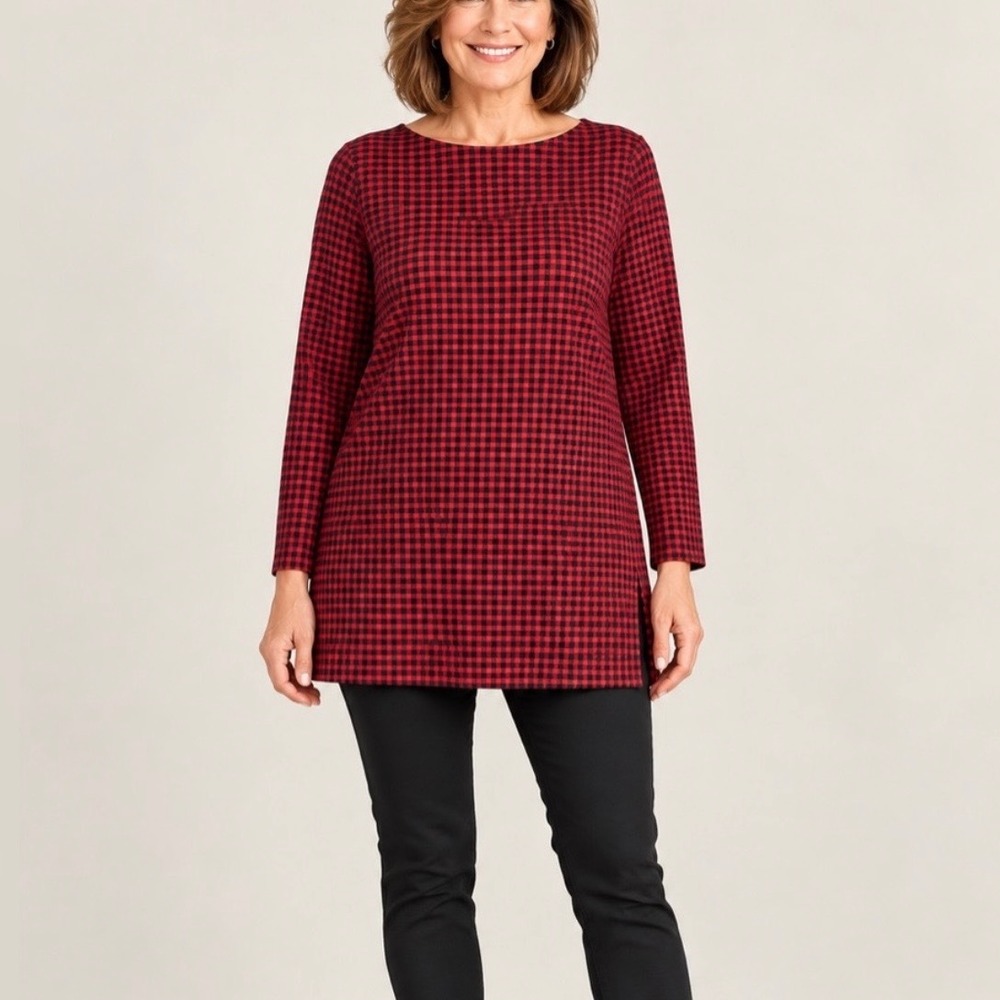 J. Jill Luxe Supima Forward-Seam Tunic Top L Petite Red Black Gingham Plaid Boho